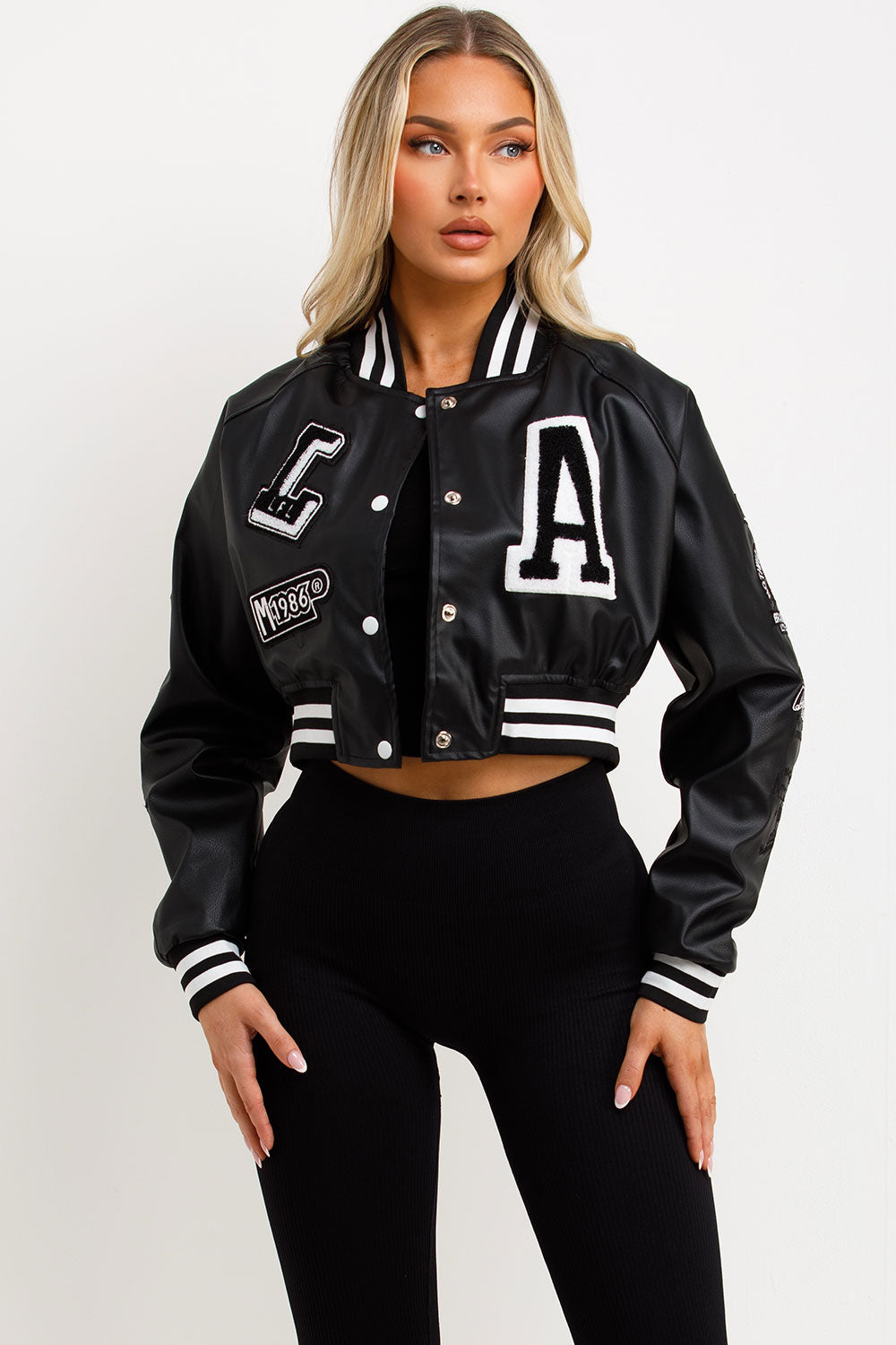 Black Varsity Bomber Faux Leather Jacket with Le | Xtralitty