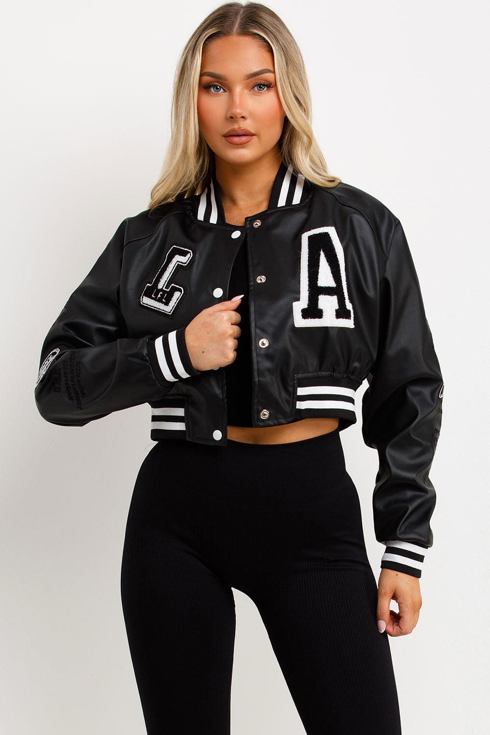 Black Varsity Bomber Faux Leather Jacket with Le | Xtralitty