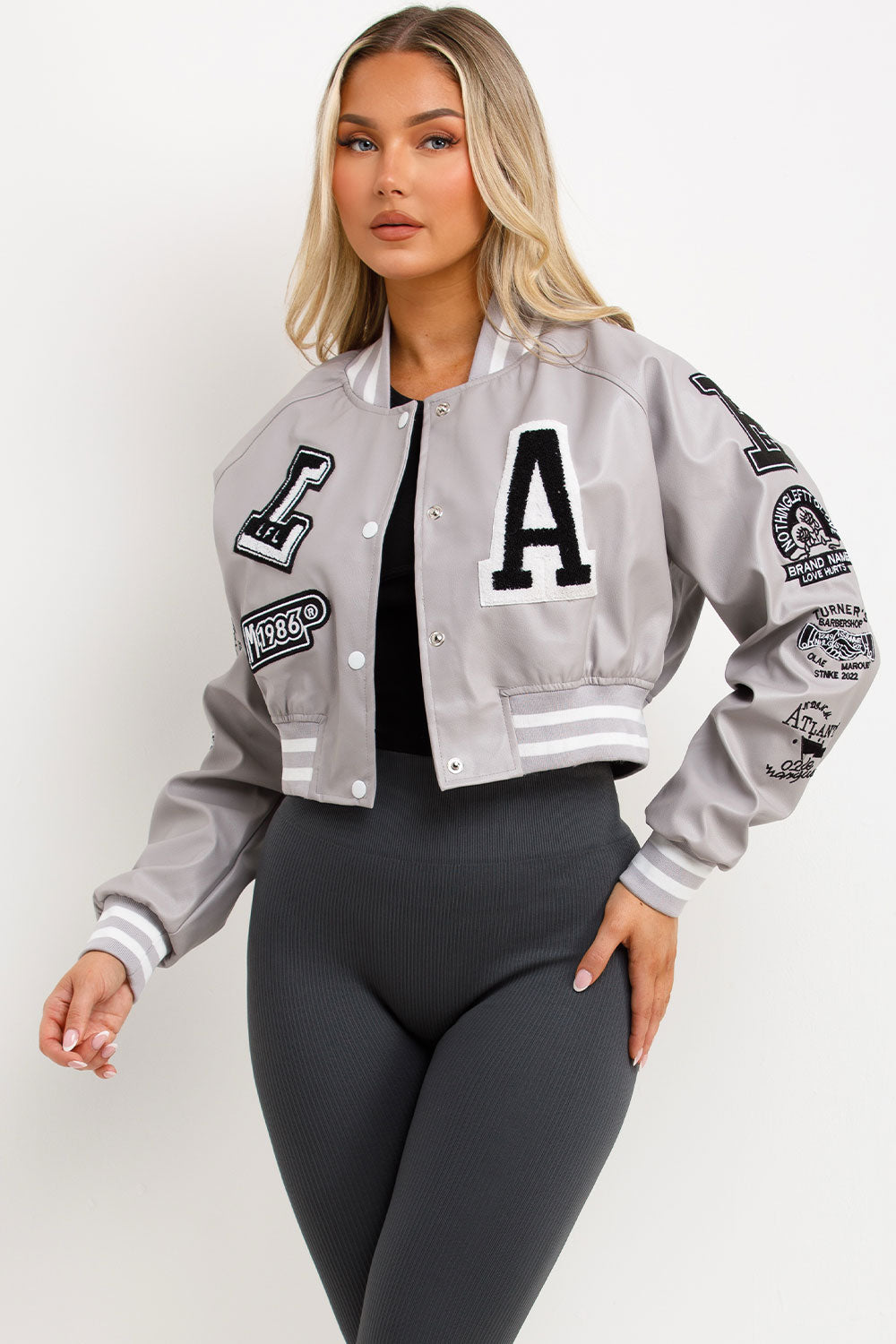 Grey Varsity Bomber Faux Leather Jacket with Let | Xtralitty