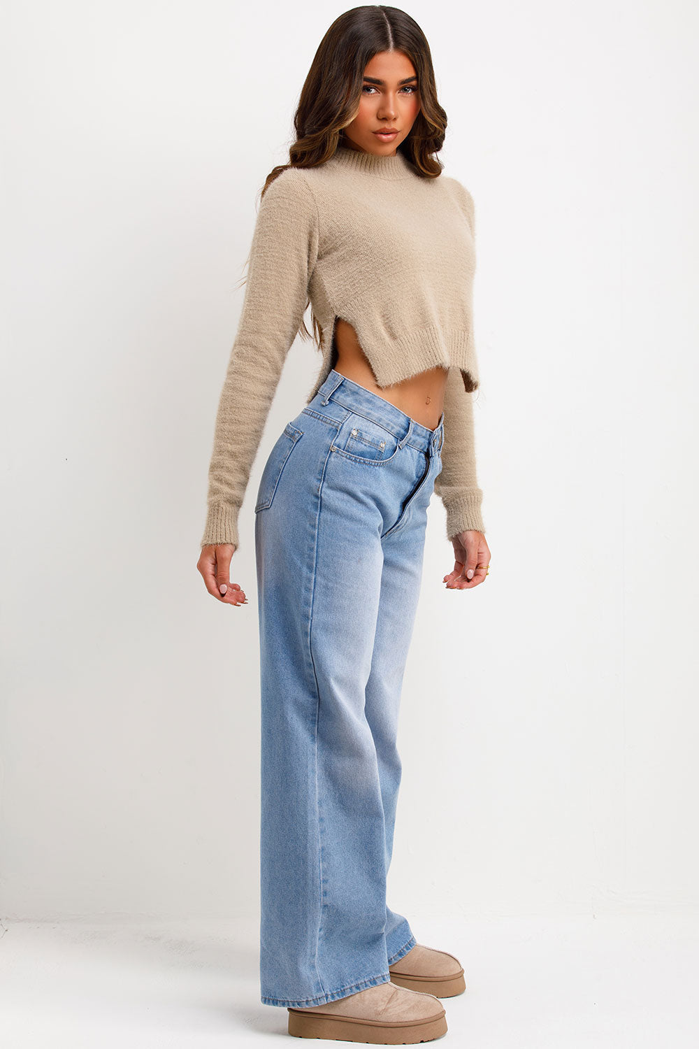 Fluffy Crop Jumper with Side Cut Beige | Xtralitty