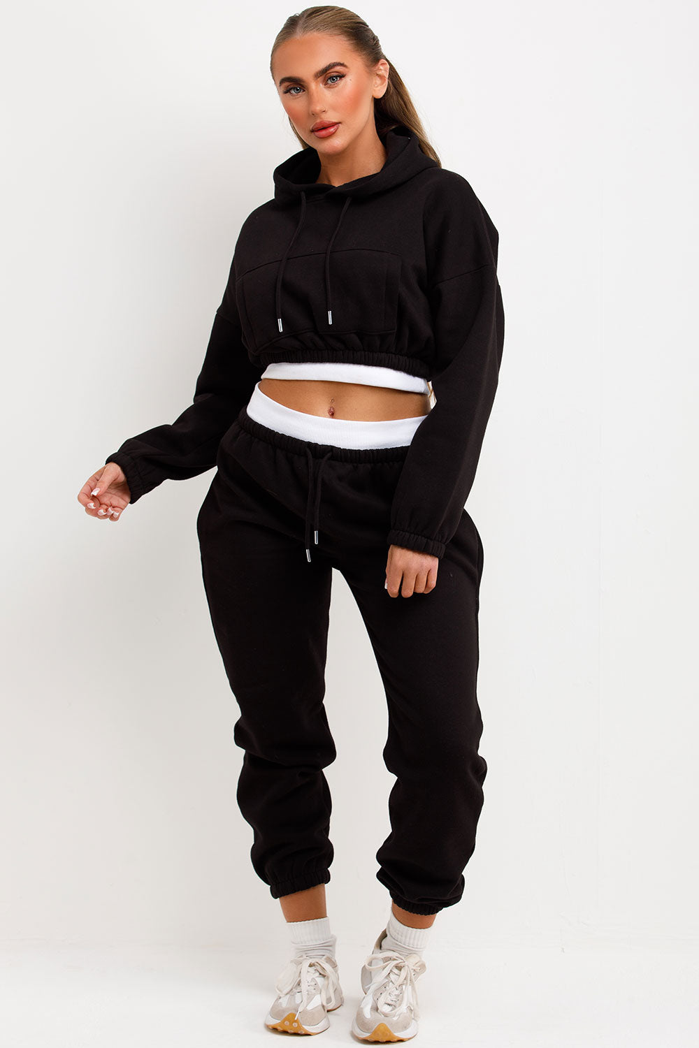 Crop Hoodie and Joggers Tracksuit Ribbed Hem Bla | Xtralitty