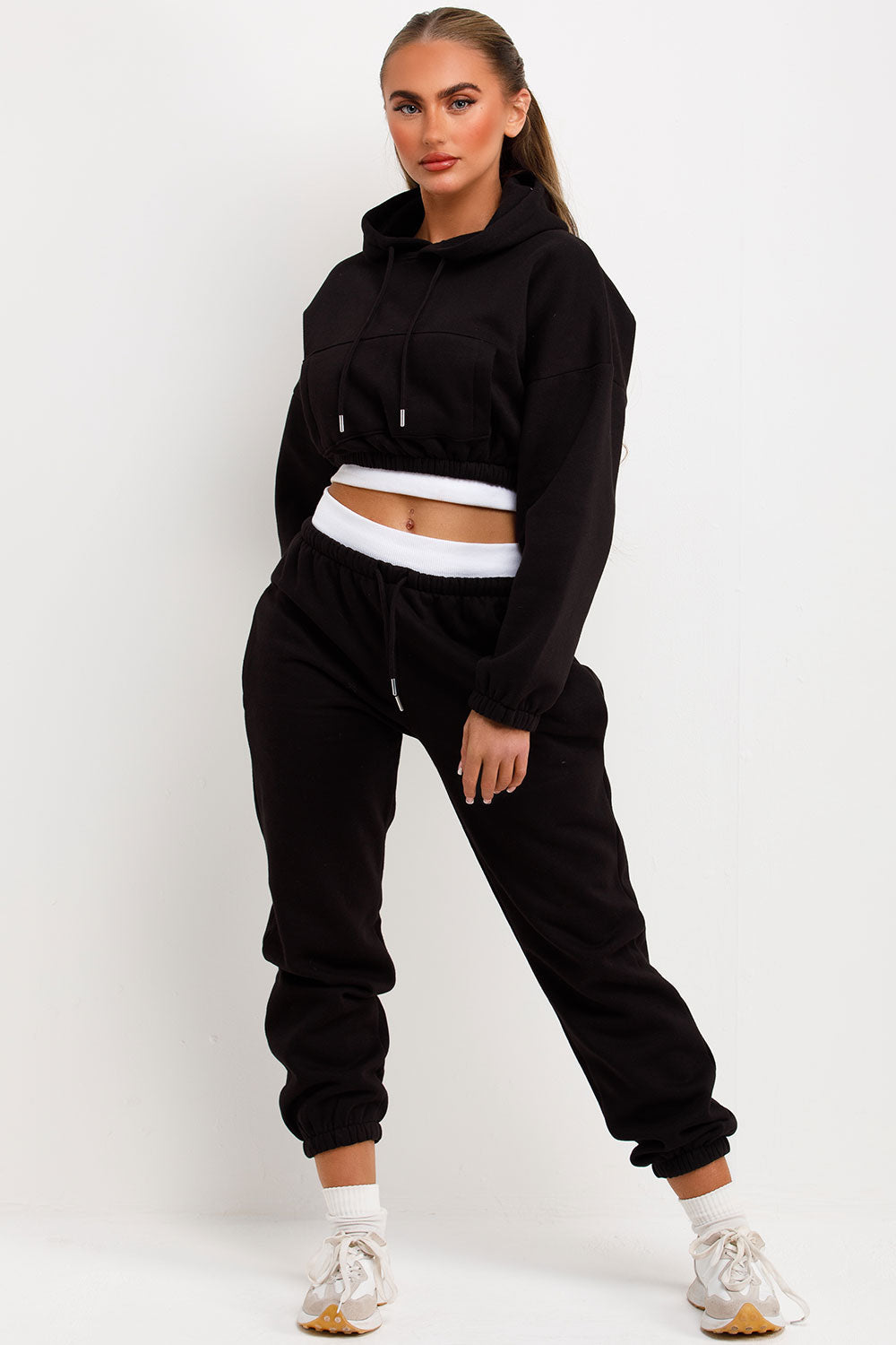 Crop Hoodie and Joggers Tracksuit Ribbed Hem Bla | Xtralitty