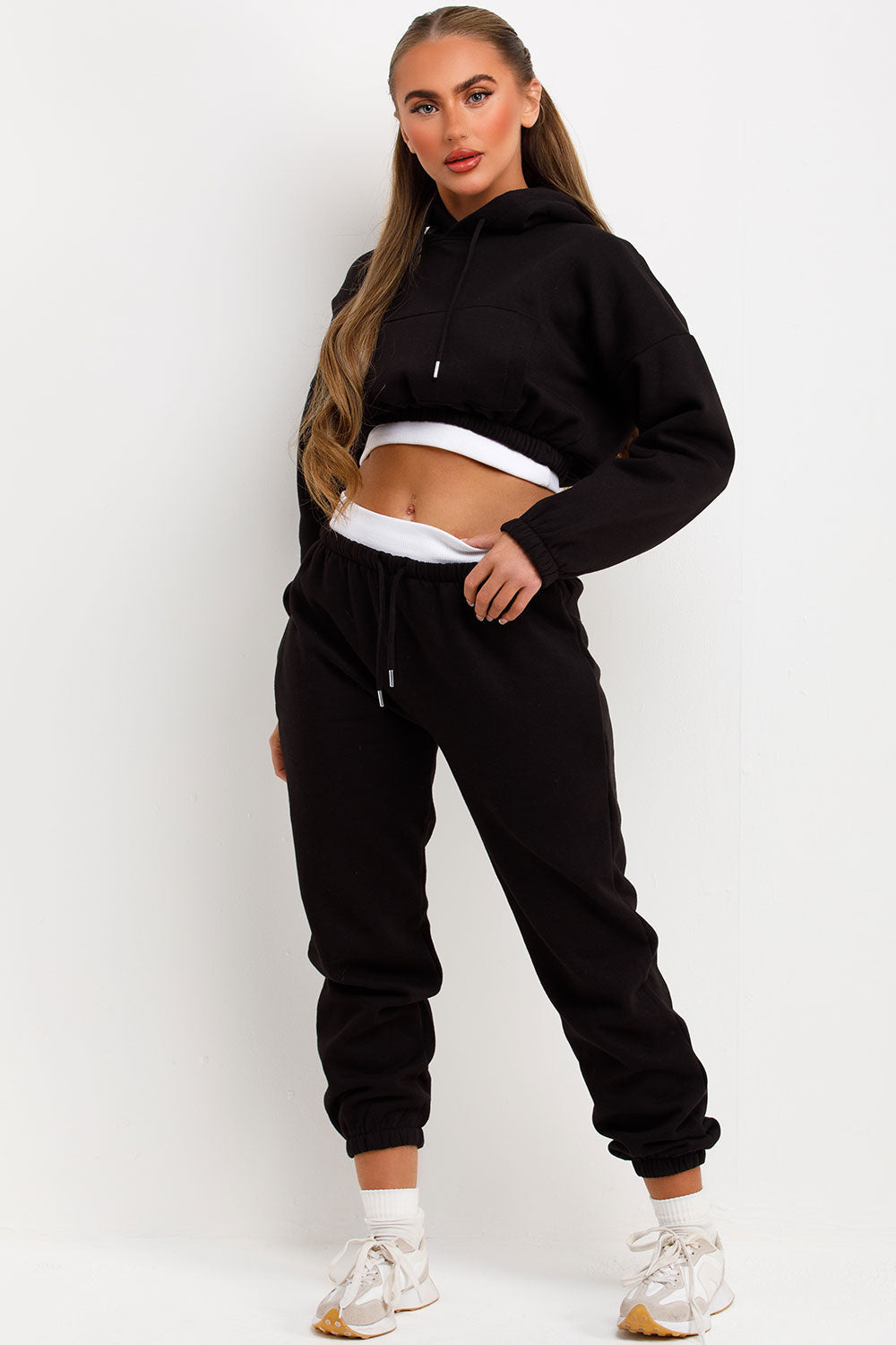 Crop Hoodie and Joggers Tracksuit Ribbed Hem Bla | Xtralitty