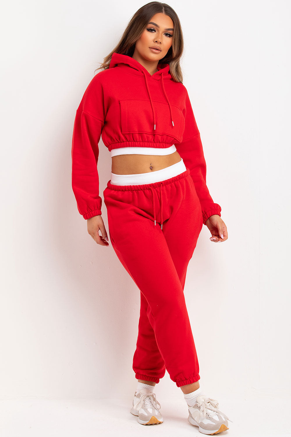 Crop Hoodie and Joggers Tracksuit Ribbed Hem Red | Xtralitty