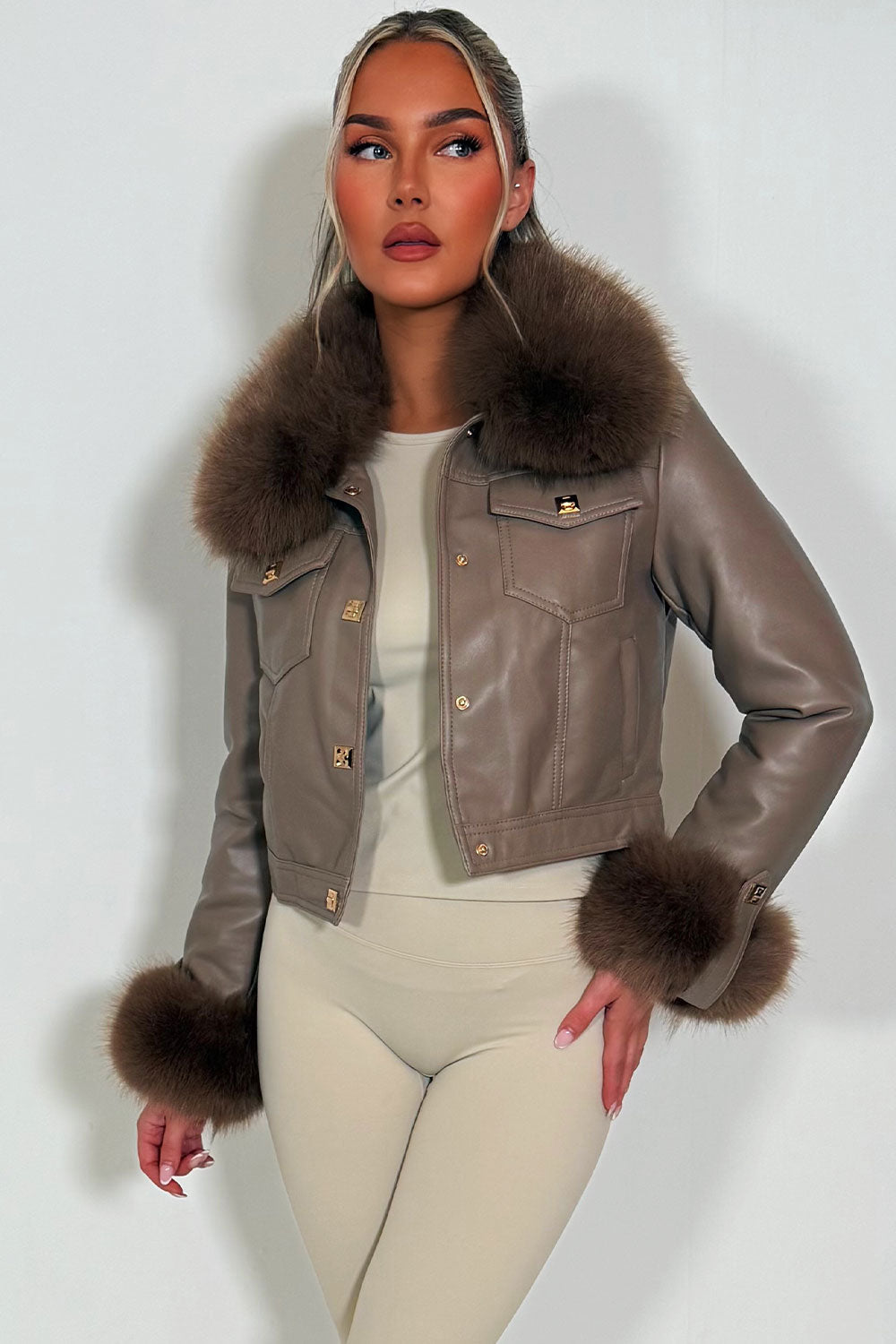 Taupe Faux Fur Faux Leather Bomber Jacket with G | Xtralitty