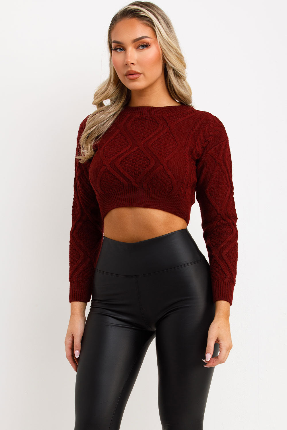 Cable Knit Jumper Cropped Burgundy | Xtralitty