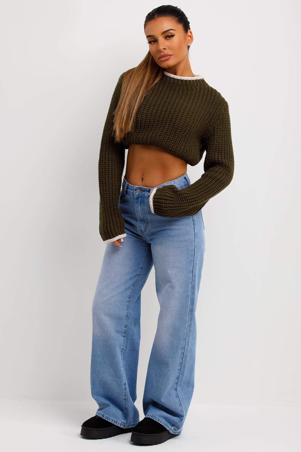Khaki Long Sleeve Knitted Cropped Jumper | Xtralitty