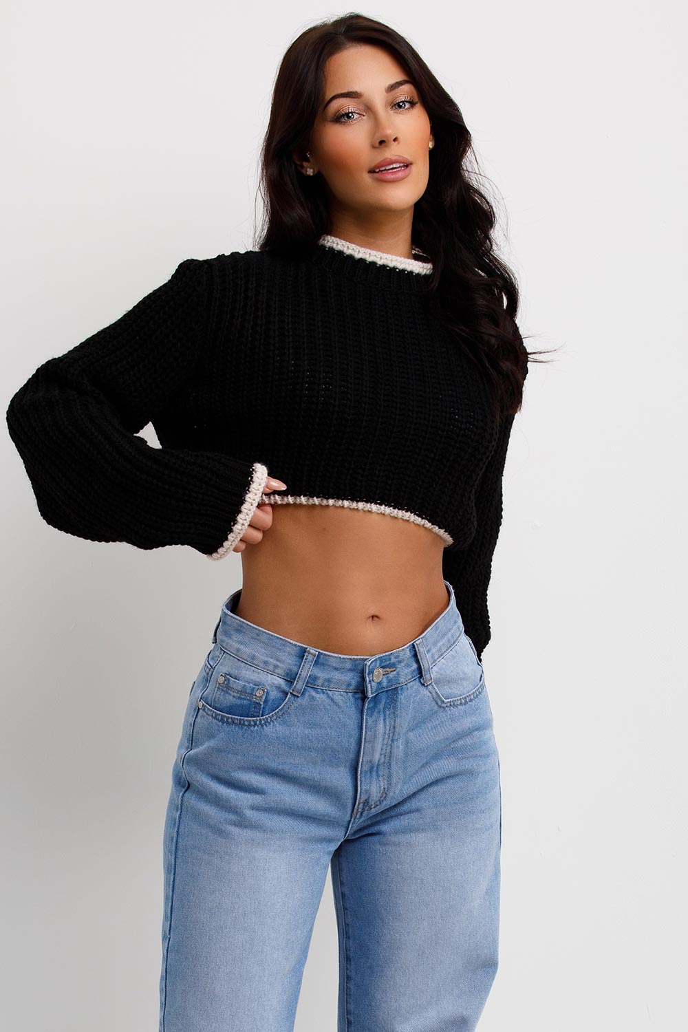 Black Long Sleeve Knitted Cropped Jumper | Xtralitty