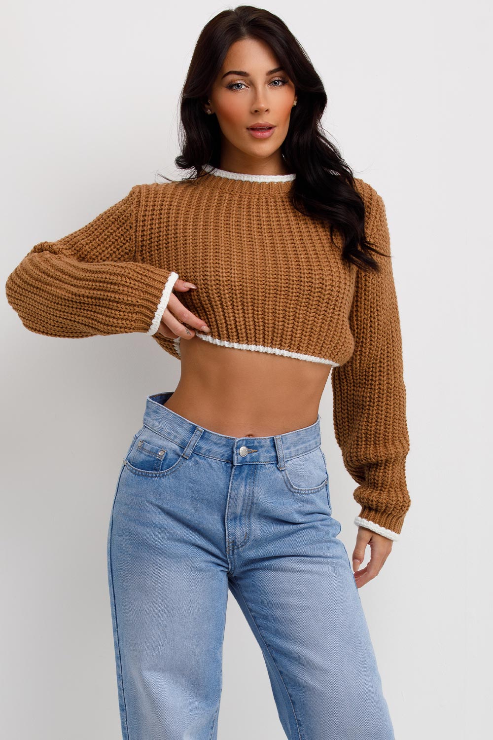 Brown Long Sleeve Knitted Cropped Jumper | Xtralitty