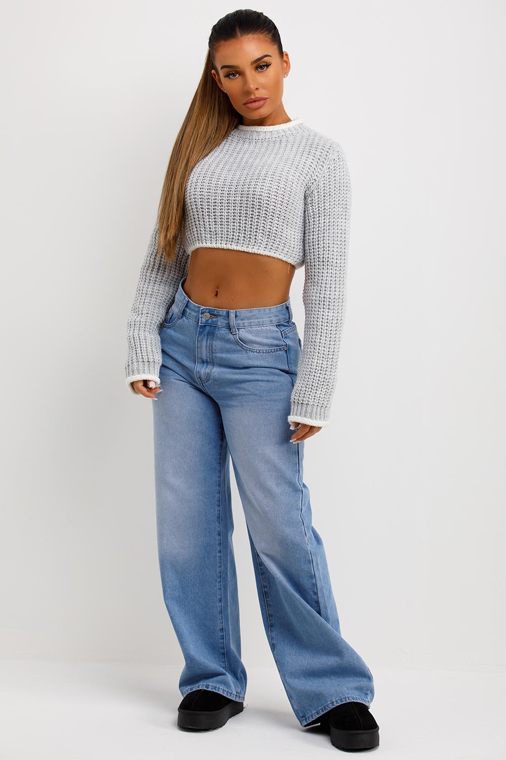 Grey Long Sleeve Knitted Cropped Jumper | Xtralitty