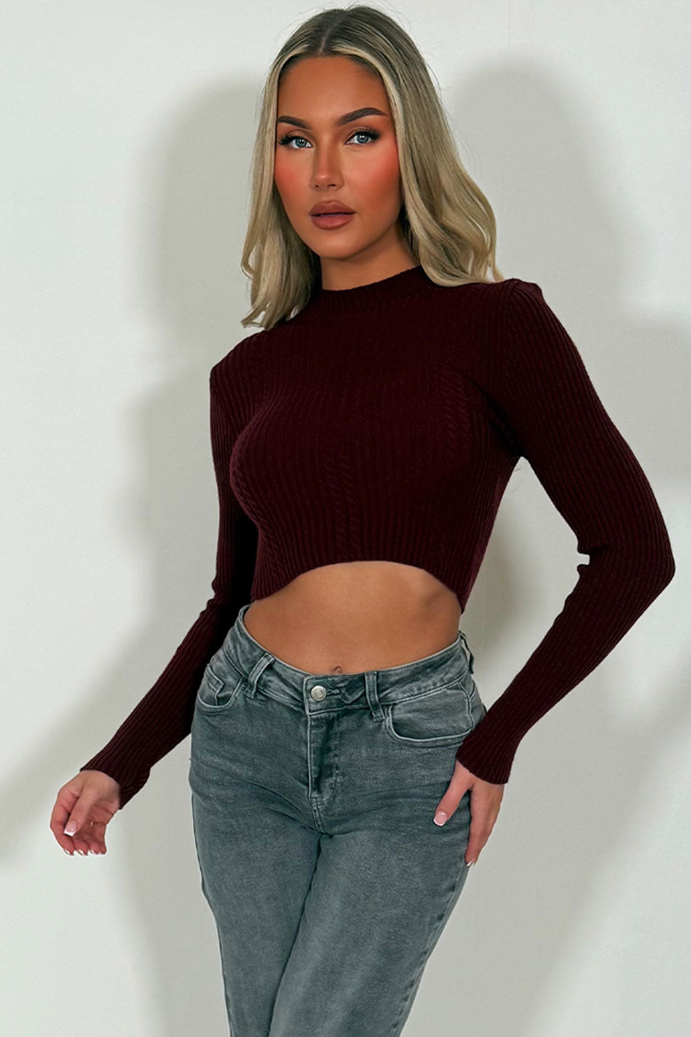 Crop Knitted Jumper with Long Sleeves Burgundy | Xtralitty