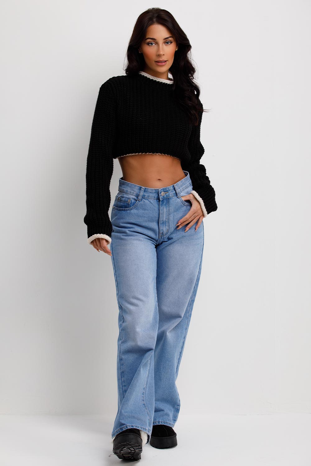 Black Long Sleeve Knitted Cropped Jumper | Xtralitty