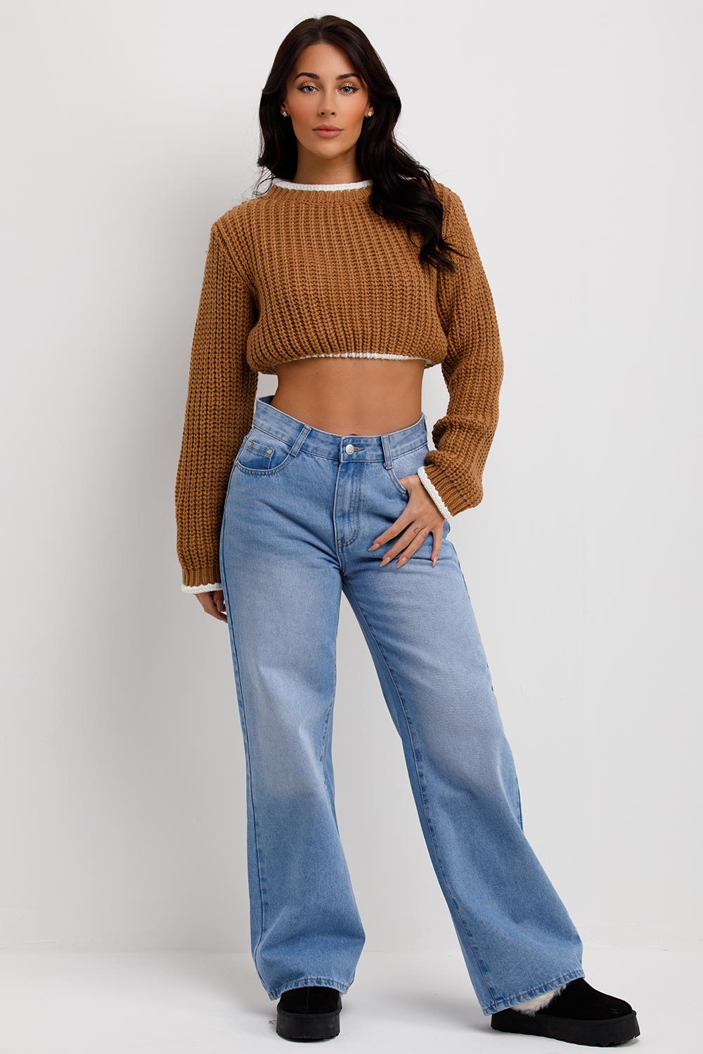 Brown Long Sleeve Knitted Cropped Jumper | Xtralitty