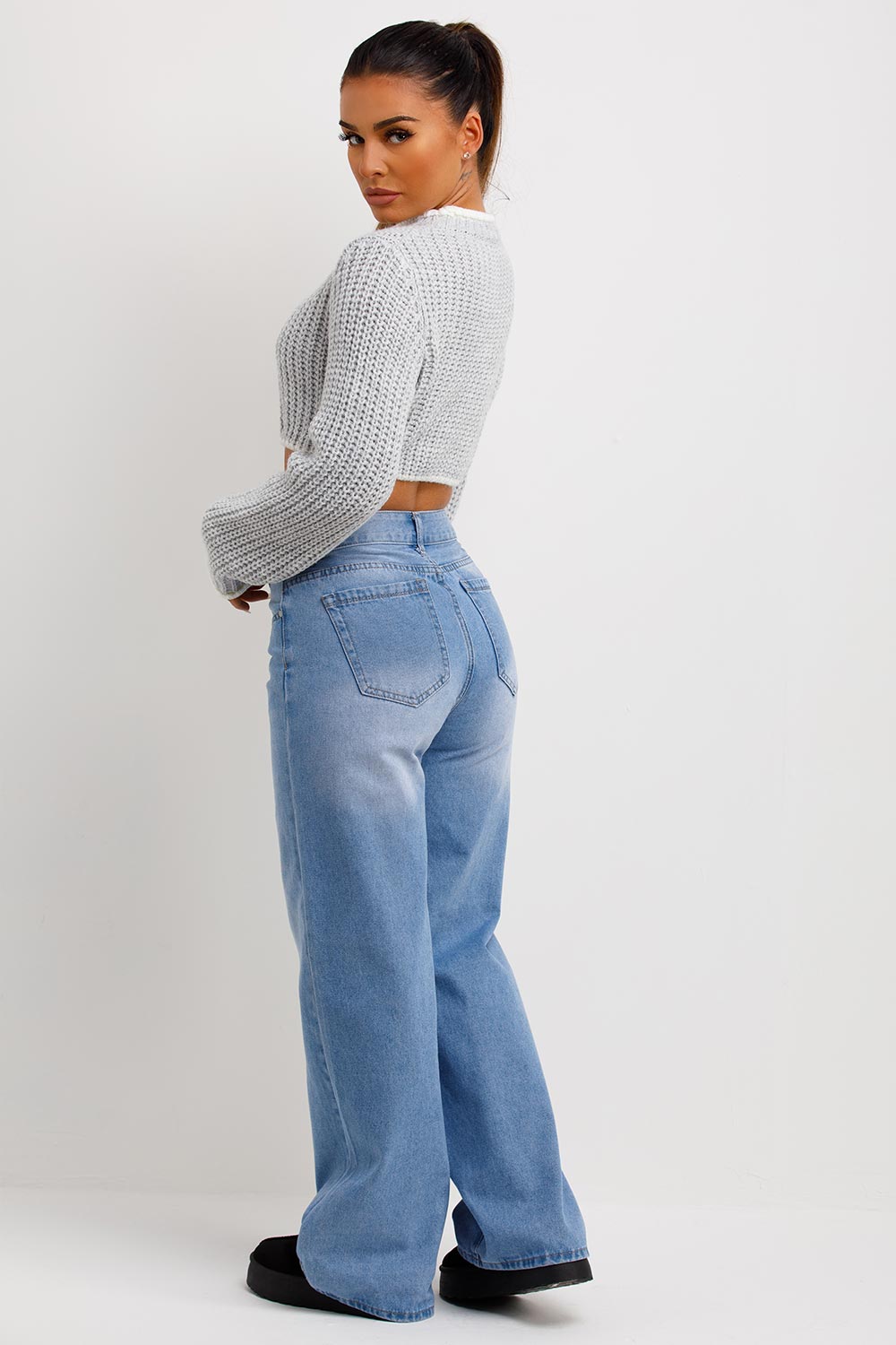 Grey Long Sleeve Knitted Cropped Jumper | Xtralitty