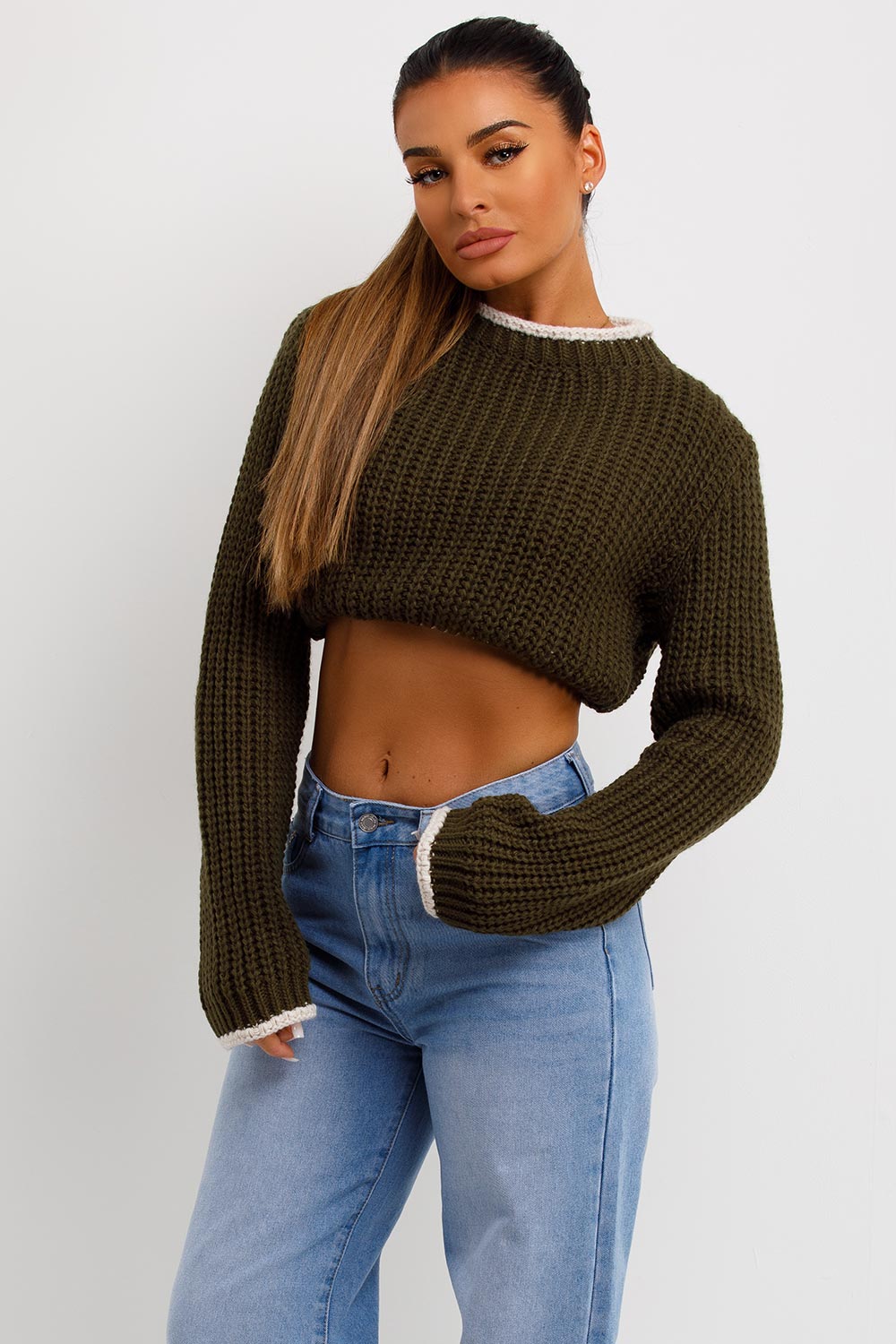Khaki Long Sleeve Knitted Cropped Jumper | Xtralitty