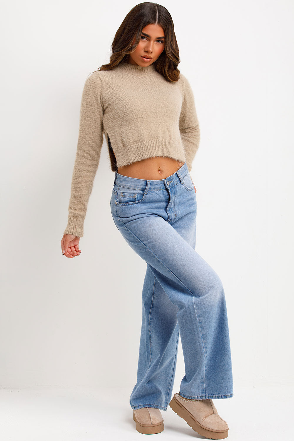 Fluffy Crop Jumper with Side Cut Beige | Xtralitty