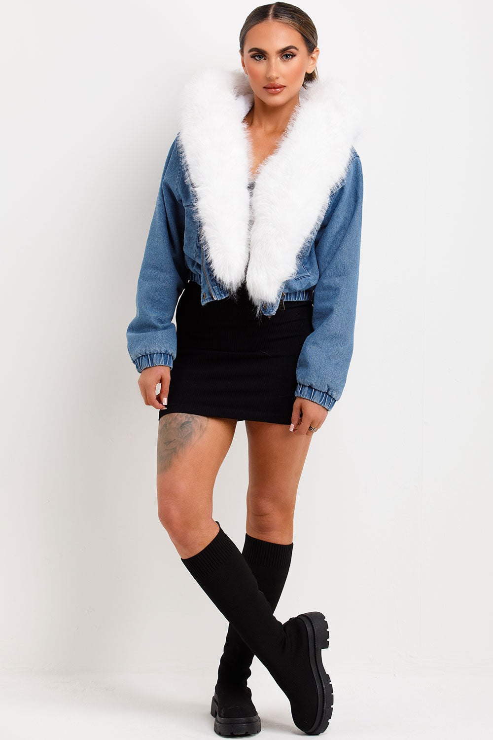 Denim Bomber Jacket with White Faux Fur Hood and | Xtralitty