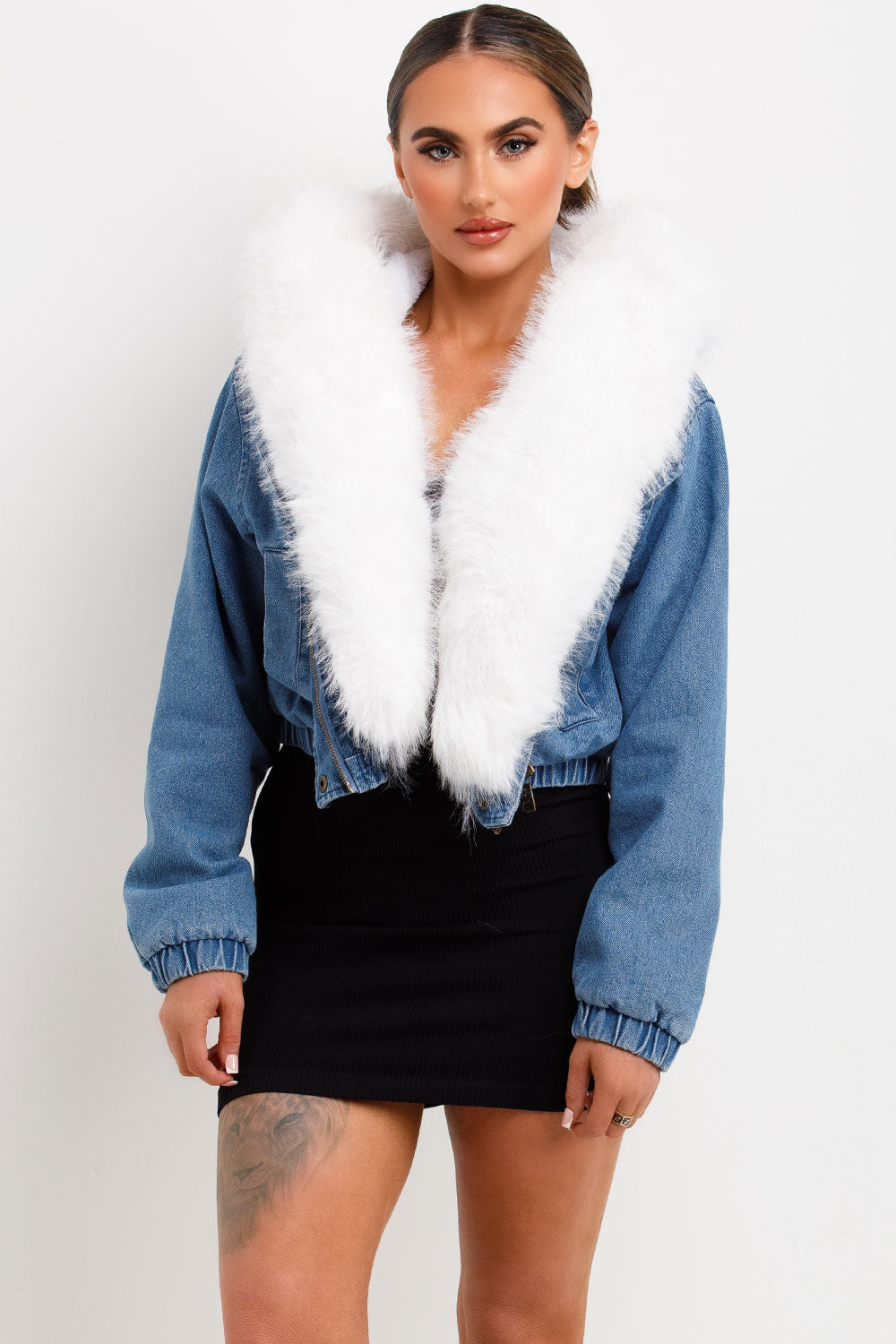 Denim Bomber Jacket with White Faux Fur Hood and | Xtralitty