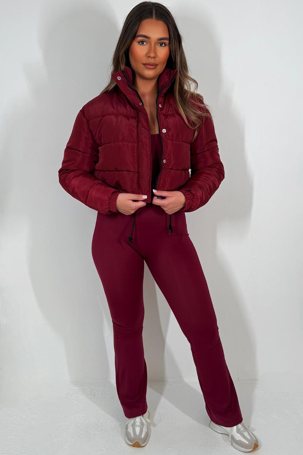 Crop Puffer Jacket with Drawstring Hem Burgundy | Xtralitty