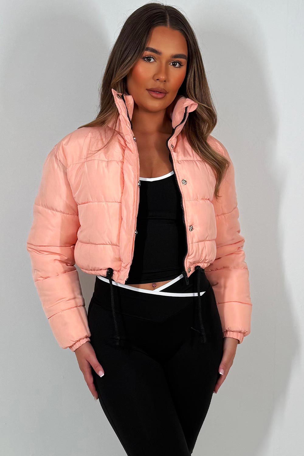 Crop Puffer Jacket with Drawstring Hem Peach | Xtralitty