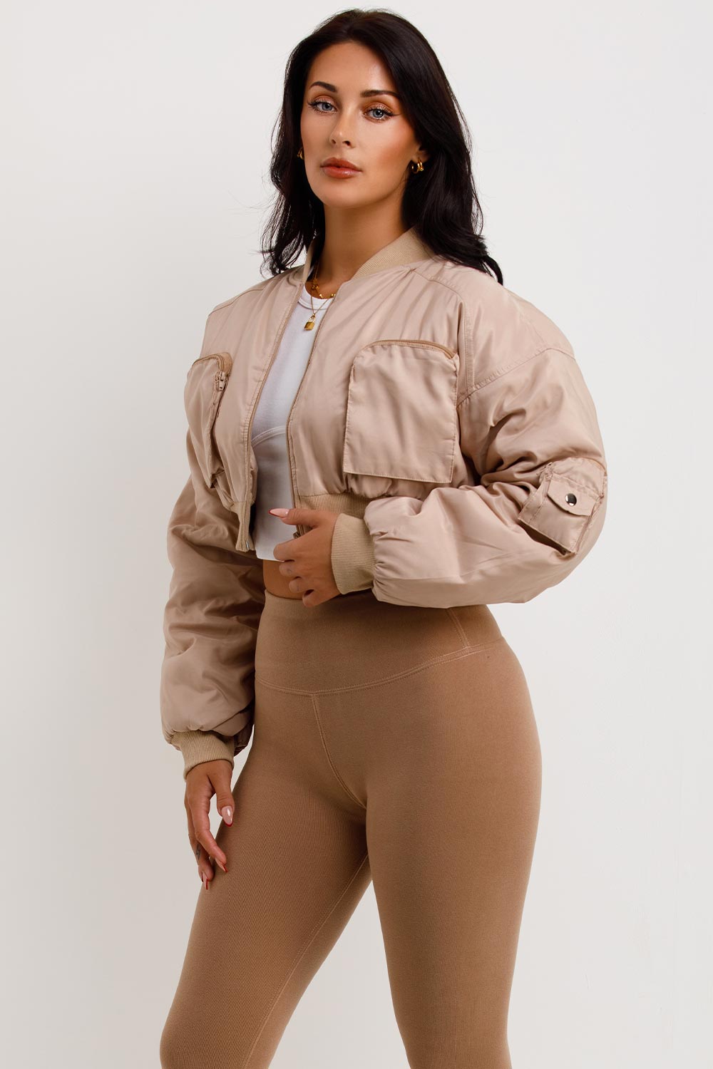 Crop Bomber Jacket with Pockets Beige | Xtralitty