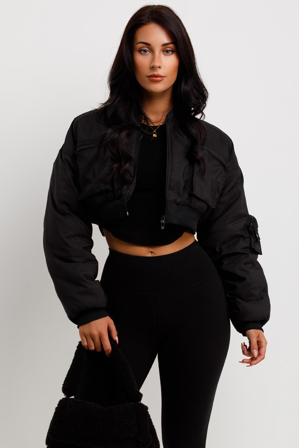 Crop Bomber Jacket with Pockets Black | Xtralitty