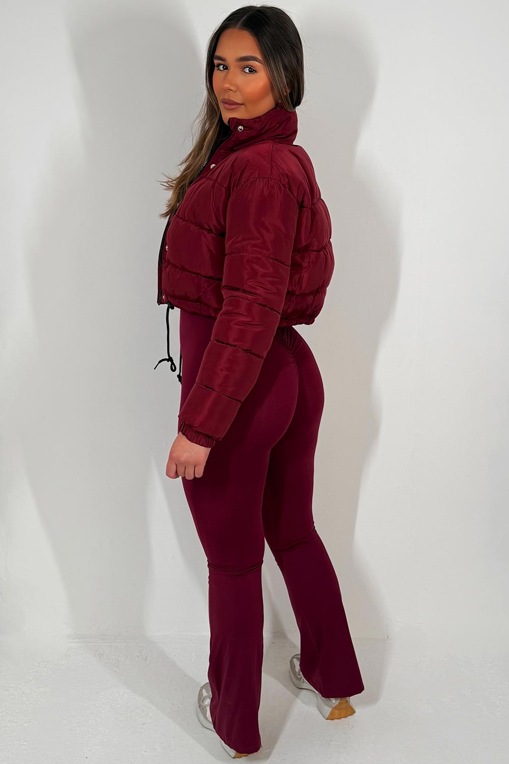Crop Puffer Jacket with Drawstring Hem Burgundy | Xtralitty