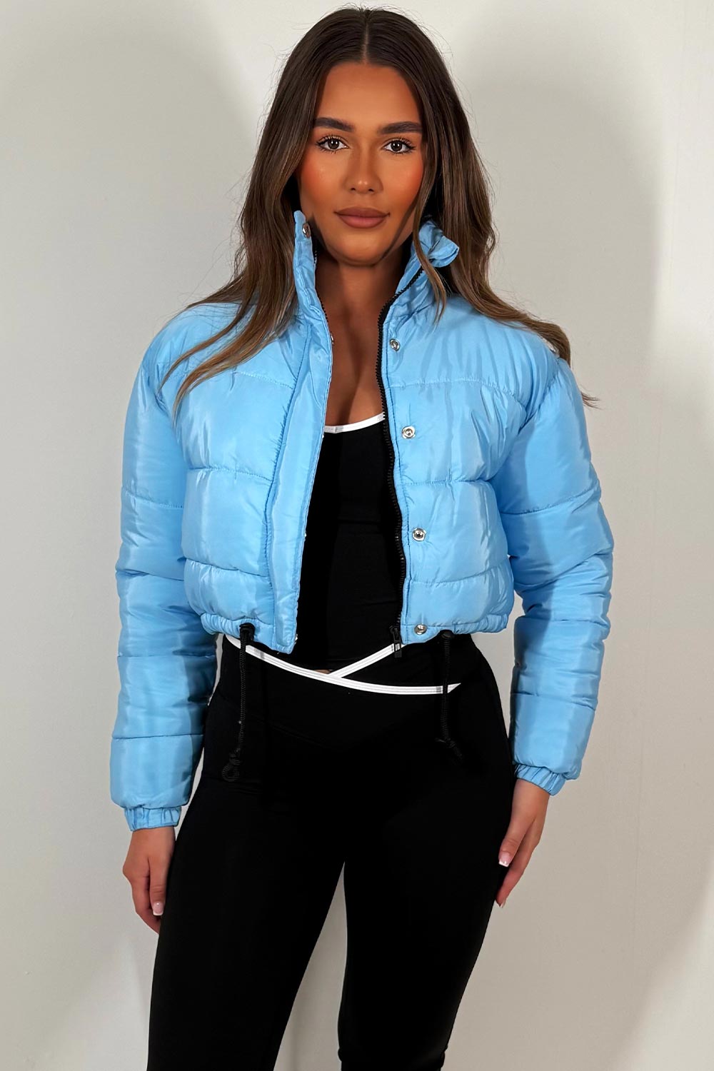 Crop Puffer Jacket with Drawstring Hem Sky Blue | Xtralitty