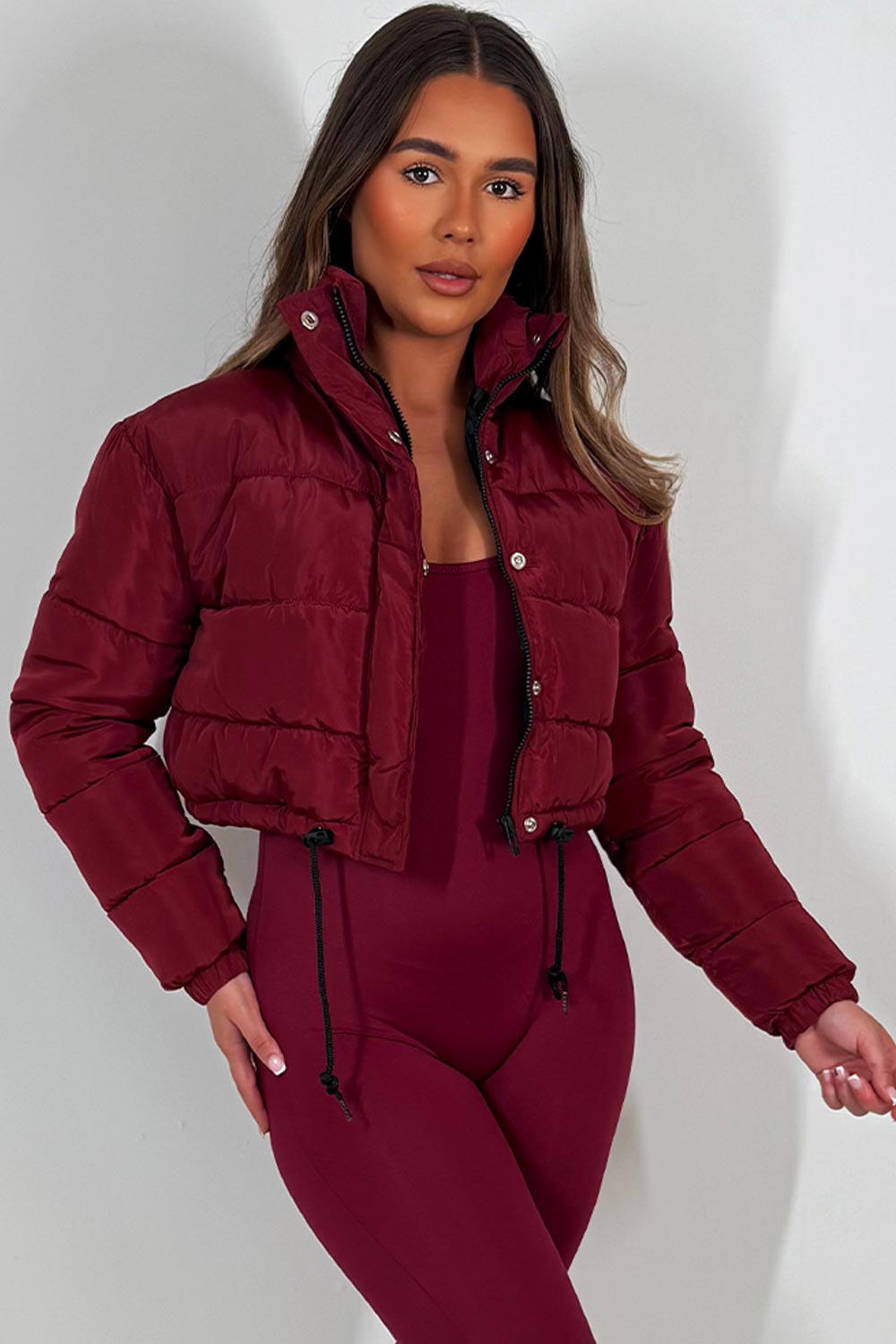 Crop Puffer Jacket with Drawstring Hem Burgundy | Xtralitty