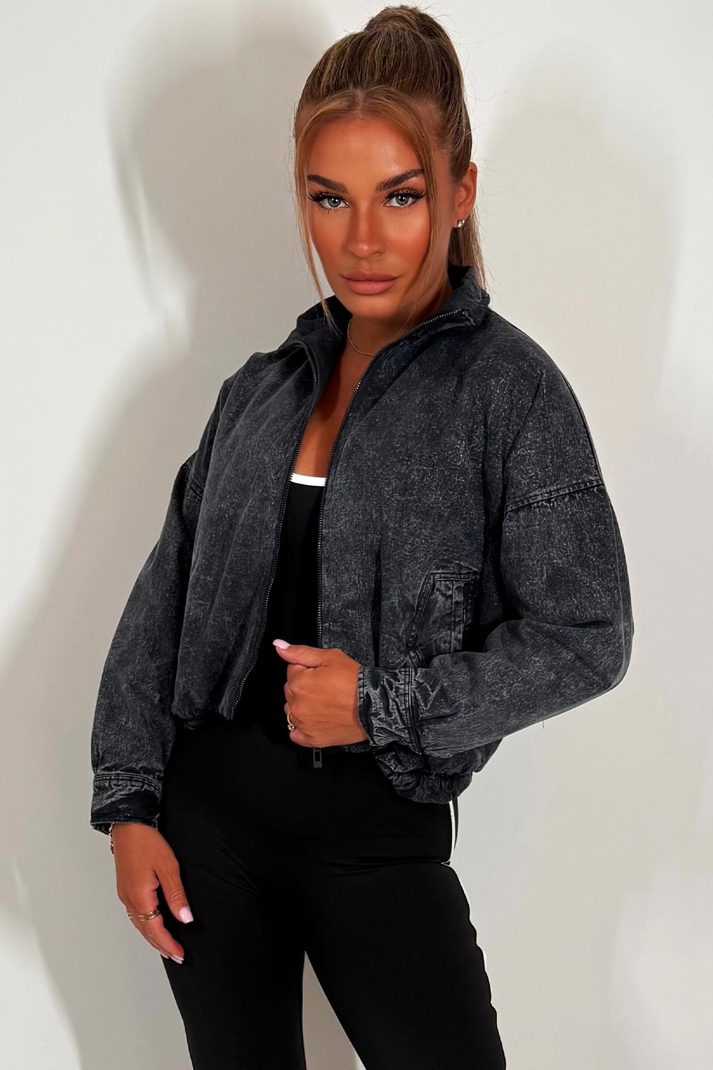 Crop Bomber Jacket Charcoal Acid Wash | Xtralitty