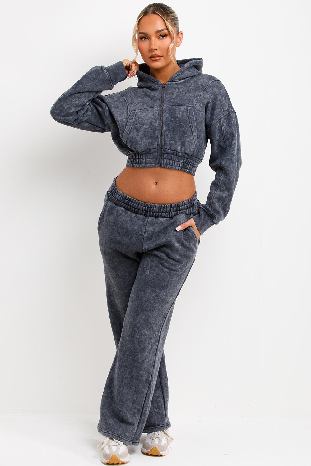 Crop Zip Up Hoodie and Joggers Tracksuit Set Gre | Xtralitty