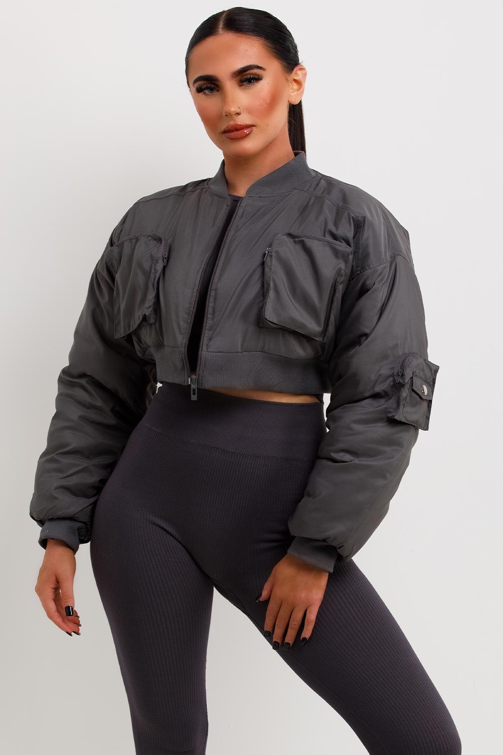 Crop Bomber Jacket with Pockets Grey | Xtralitty