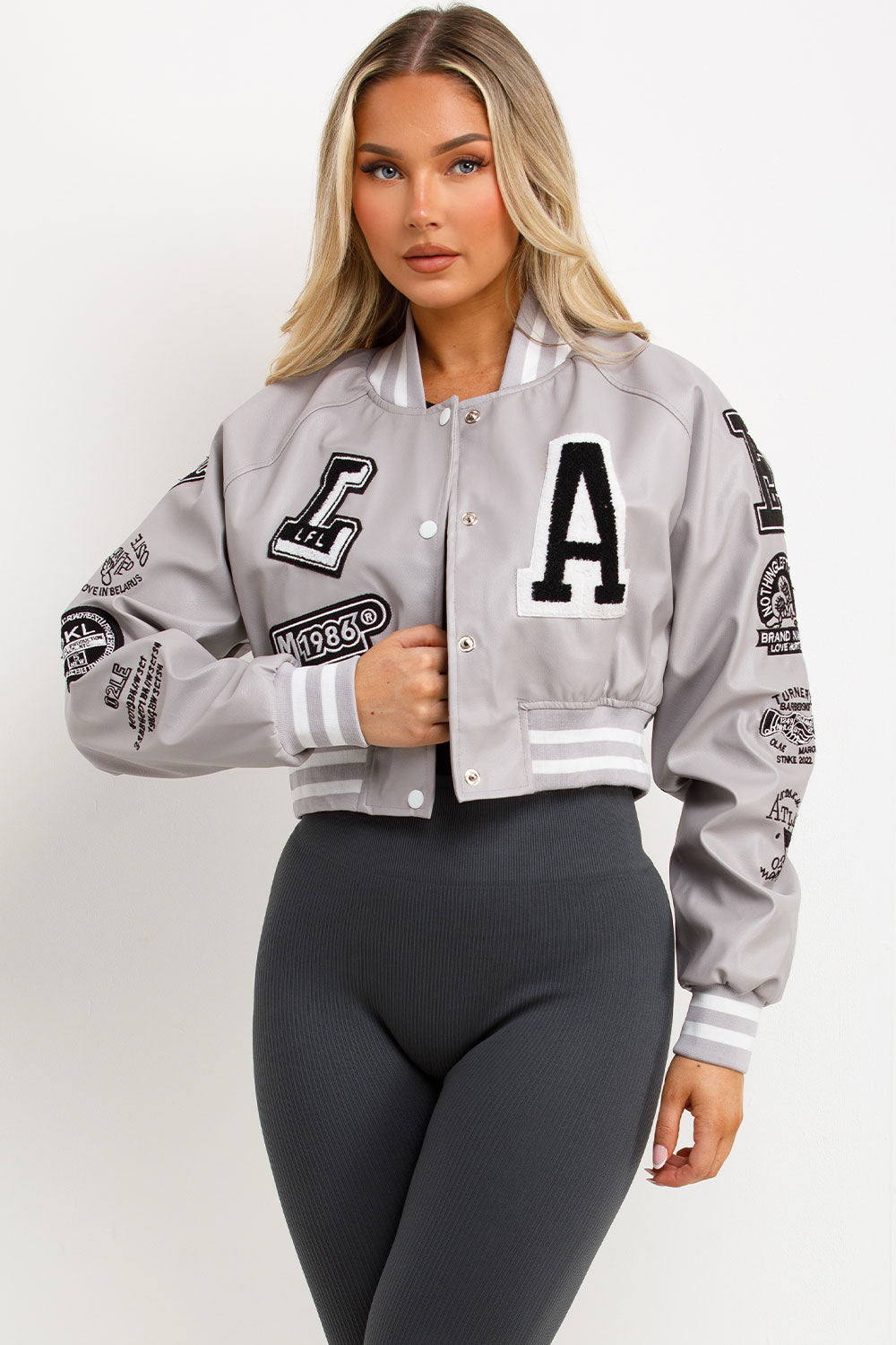 Grey Varsity Bomber Faux Leather Jacket with Let | Xtralitty