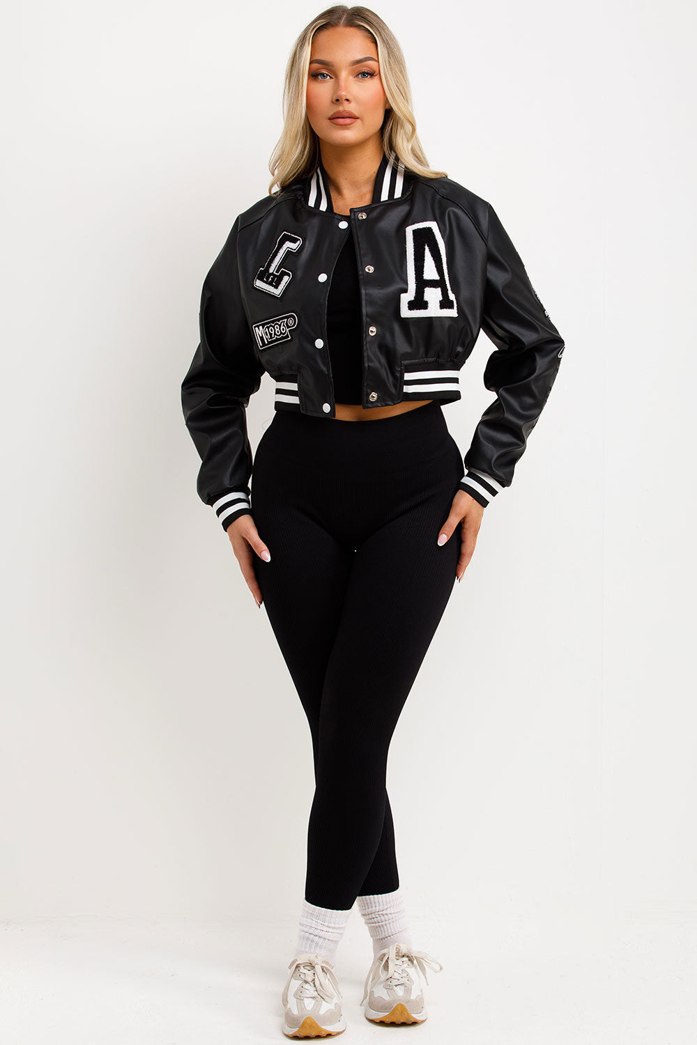 Black Varsity Bomber Faux Leather Jacket with Le | Xtralitty