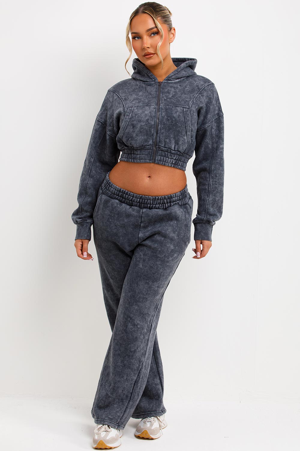 Crop Zip Up Hoodie and Joggers Tracksuit Set Gre | Xtralitty