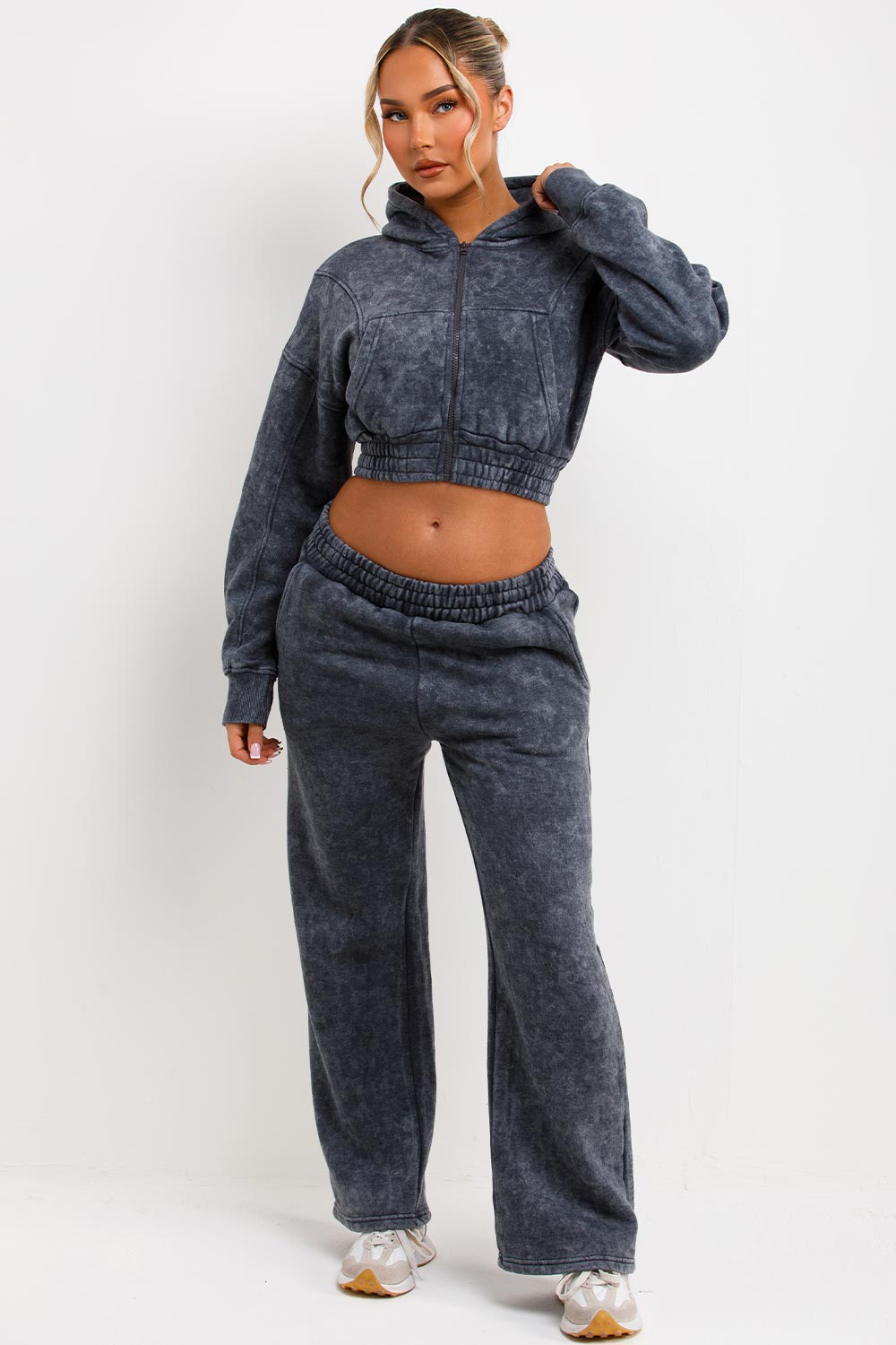 Crop Zip Up Hoodie and Joggers Tracksuit Set Gre | Xtralitty