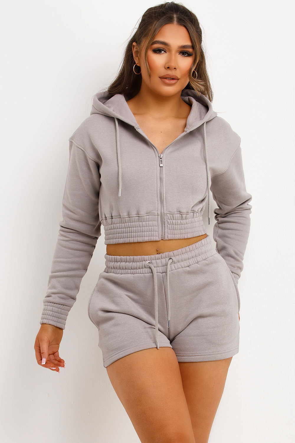Crop Zip Hoodie and Shorts Tracksuit Set Dove Gr | Xtralitty