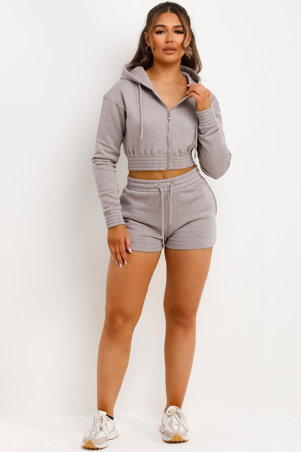 Crop Zip Hoodie and Shorts Tracksuit Set Dove Gr | Xtralitty
