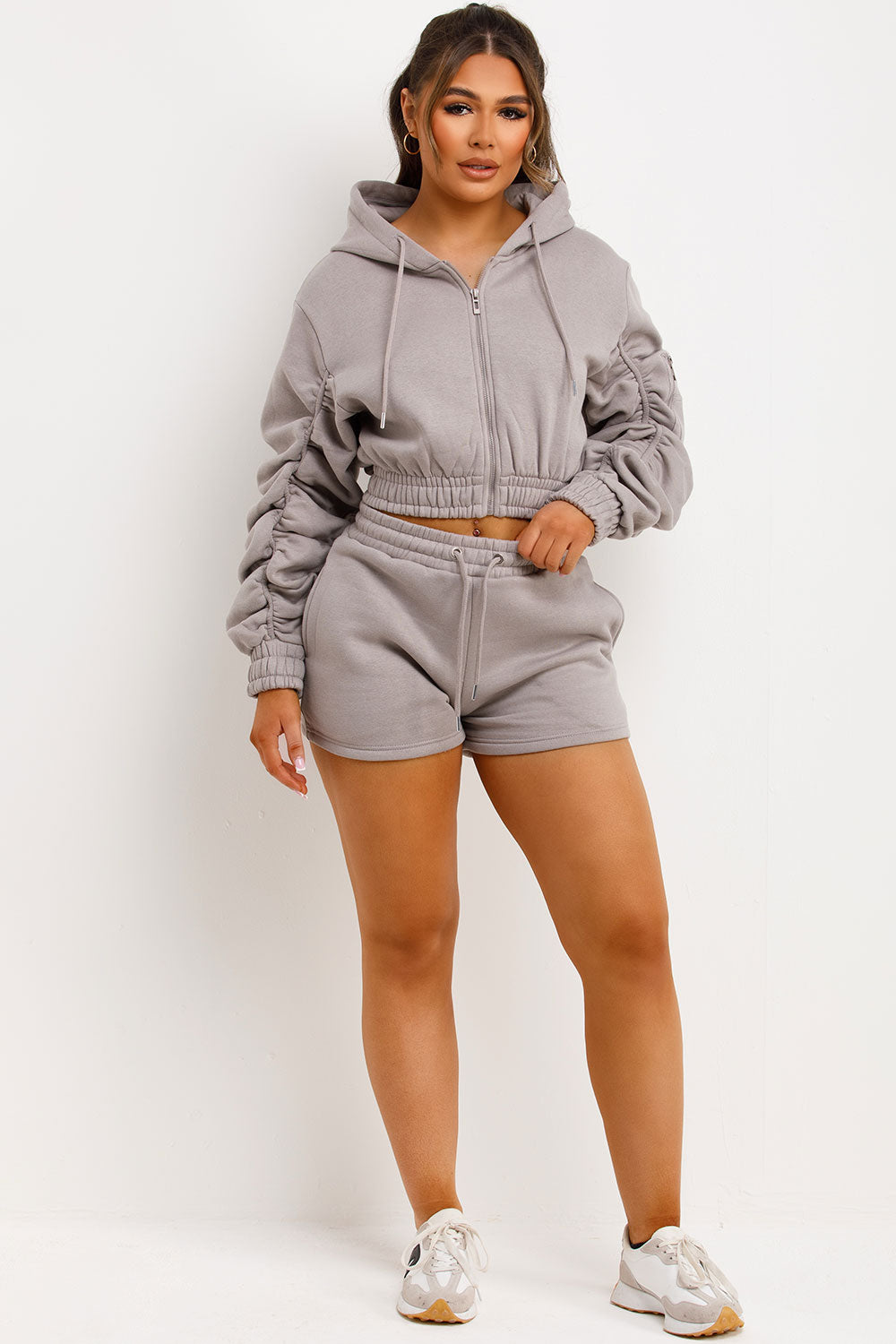 Ruched Crop Zip Hoodie and Shorts Tracksuit Set | Xtralitty