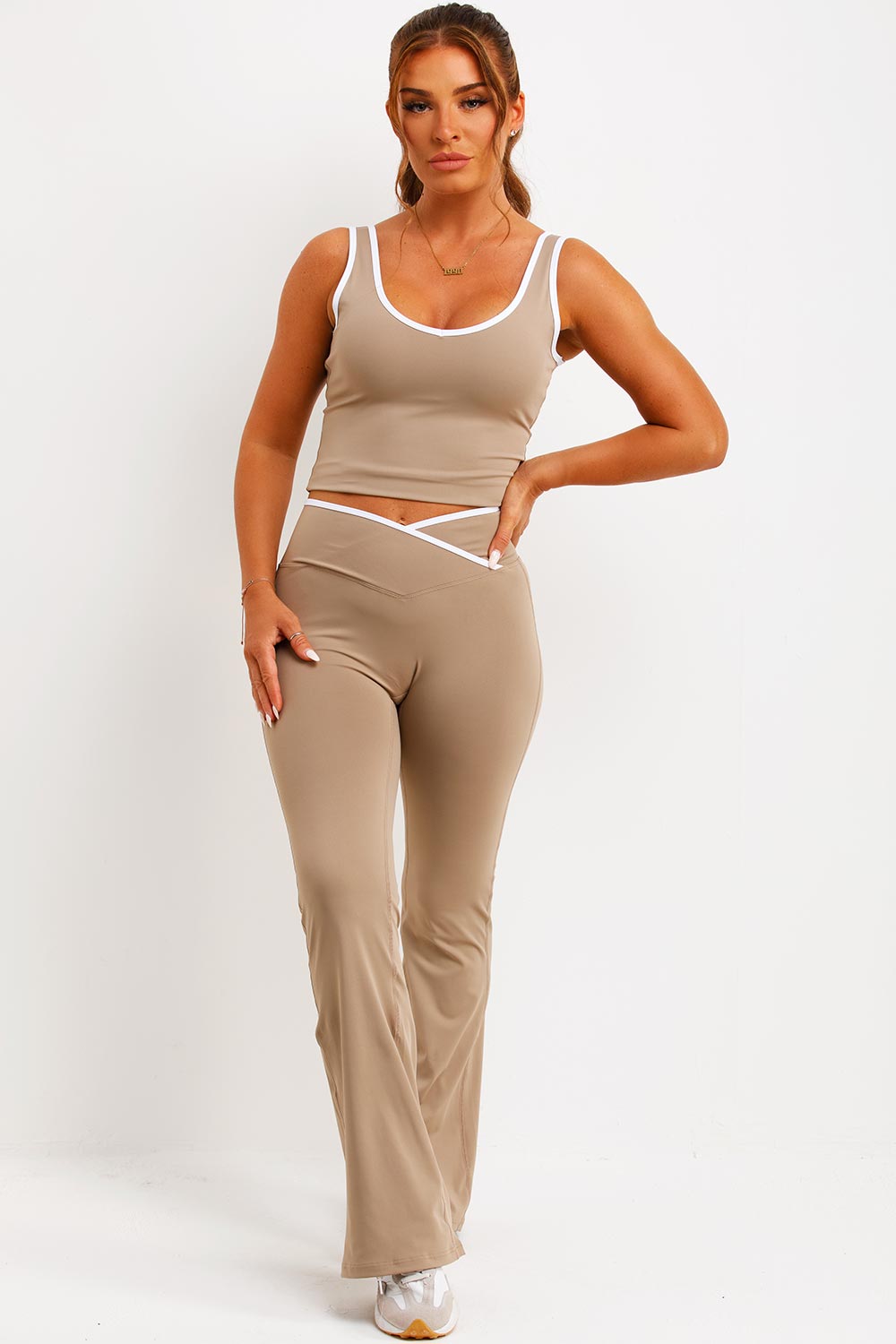 Flare Yoga Pants and Top Co Ord Lounge Set Beige | Xtralitty
