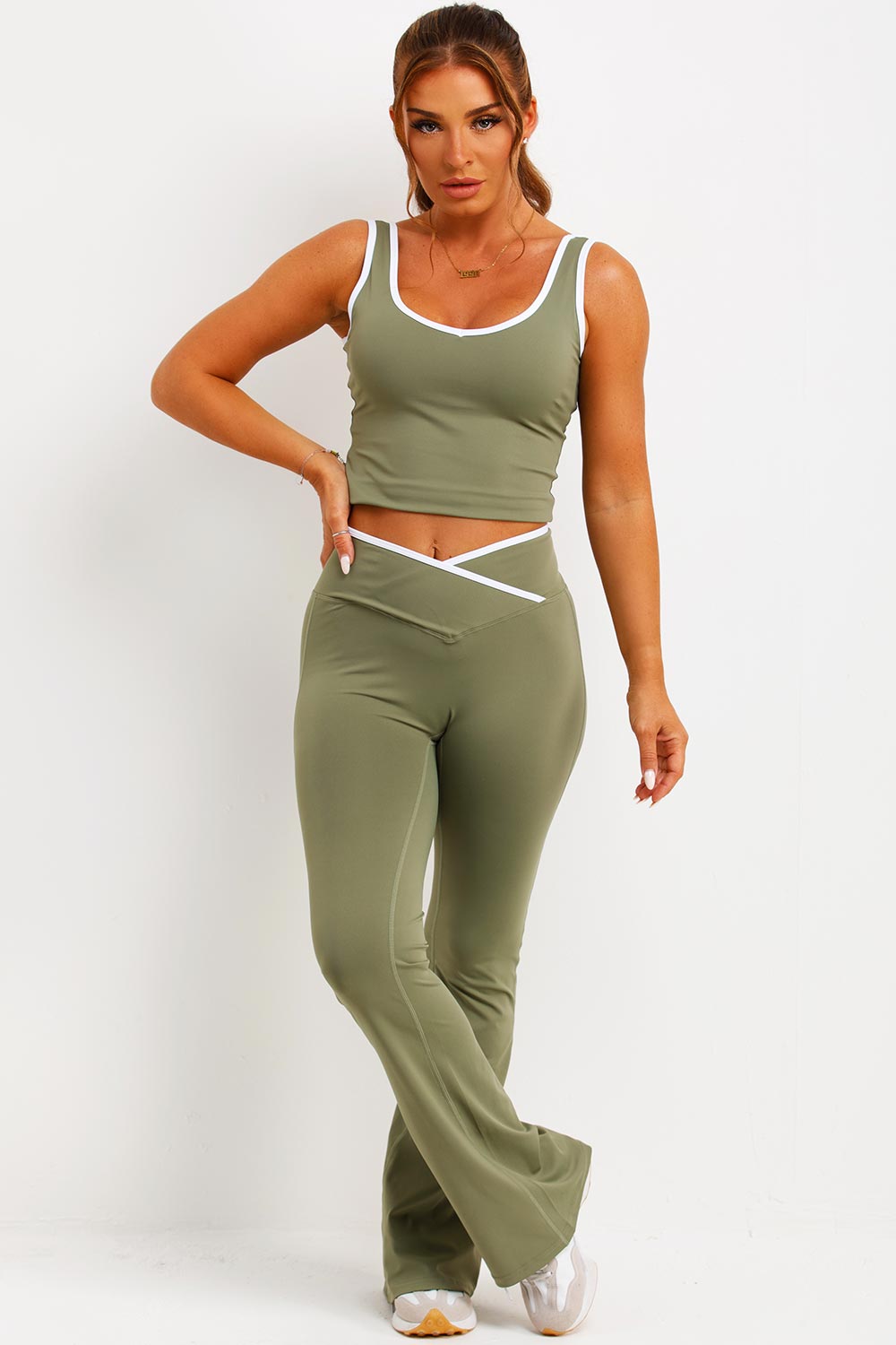 Flare Yoga Pants and Top Co Ord Lounge Set Khaki | Xtralitty