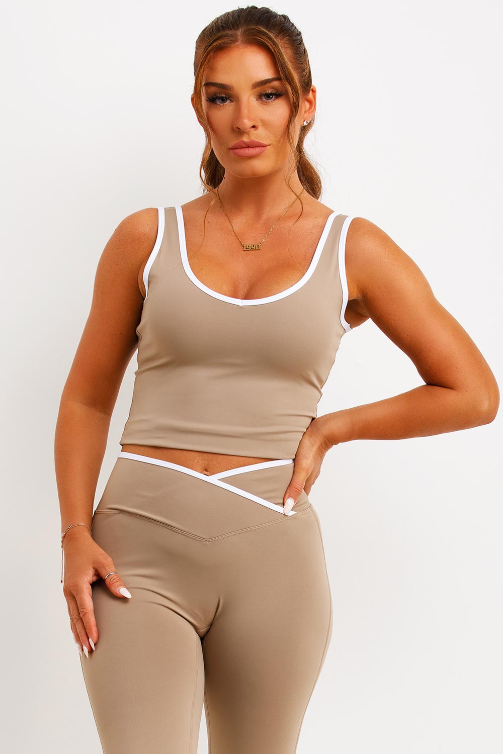 Flare Yoga Pants and Top Co Ord Lounge Set Beige | Xtralitty