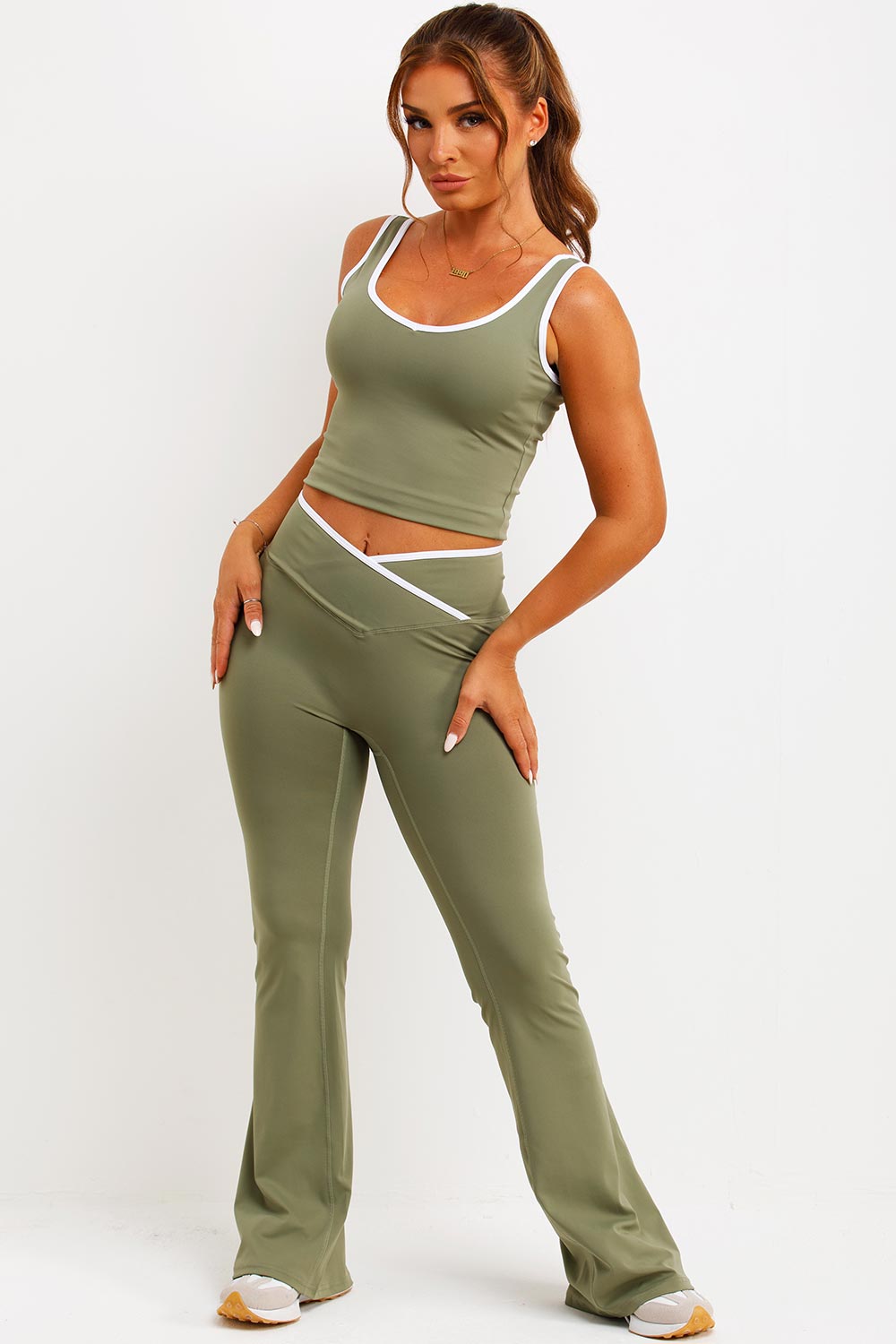 Flare Yoga Pants and Top Co Ord Lounge Set Khaki | Xtralitty