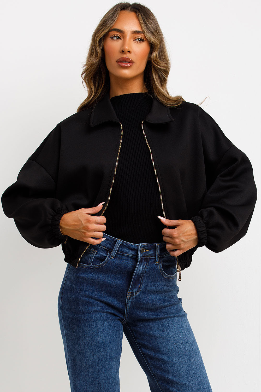 Puffed Bomber Jacket with Collar and Zip Black | Xtralitty