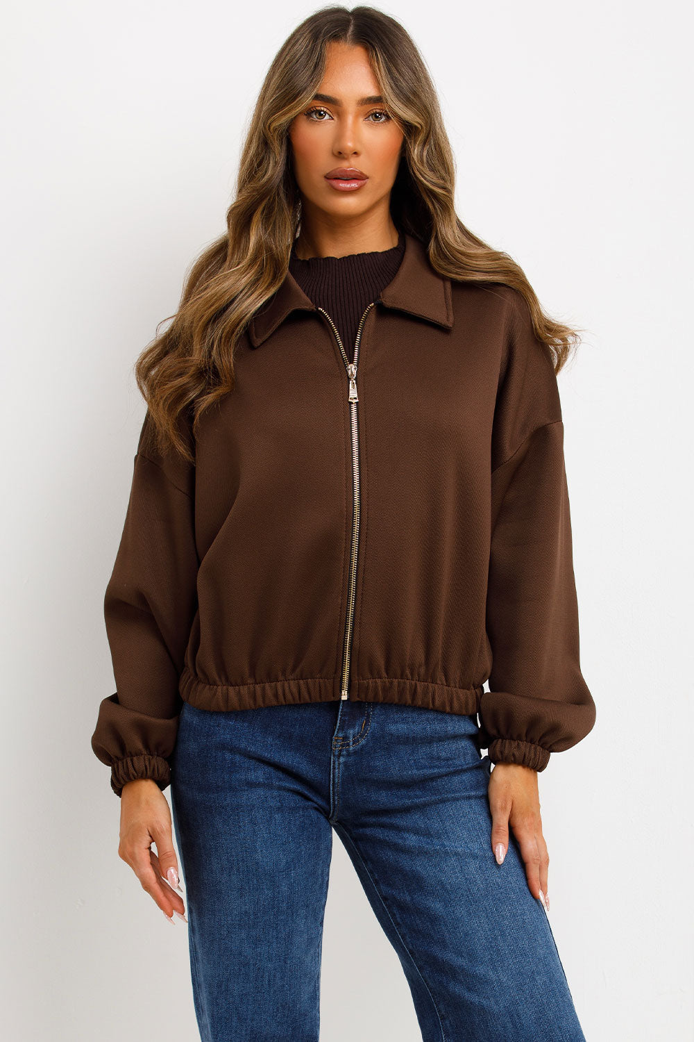 Puffed Bomber Jacket with Collar and Zip Brown | Xtralitty