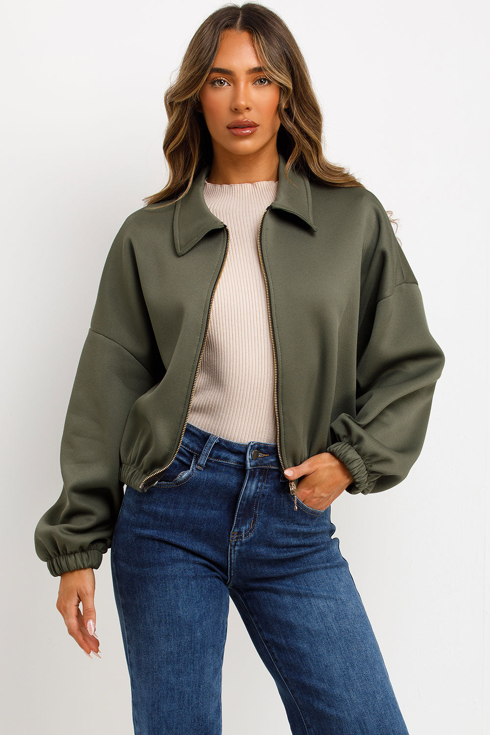 Puffed Bomber Jacket with Collar and Zip Khaki | Xtralitty