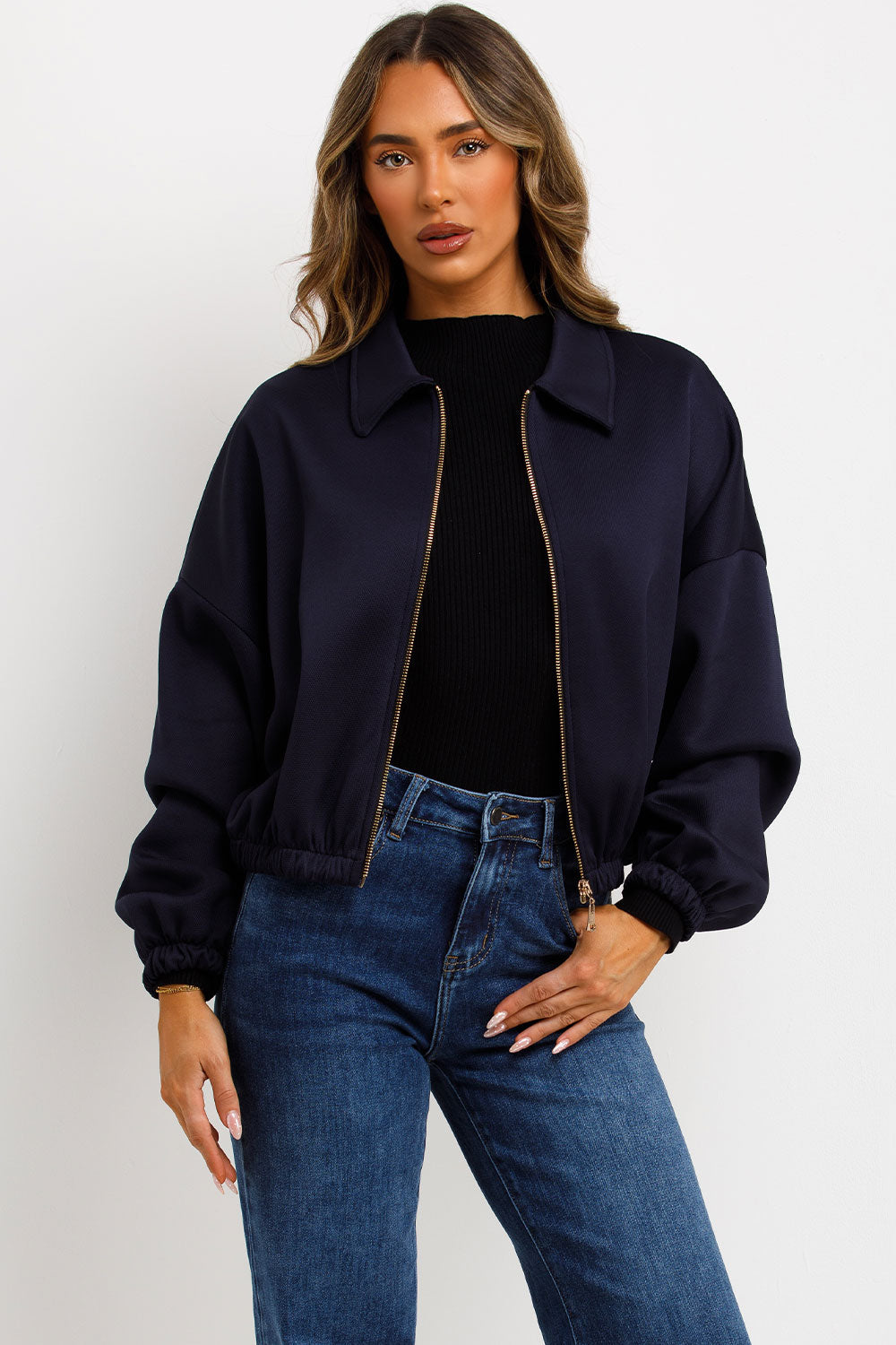 Puffed Bomber Jacket with Collar and Zip Navy | Xtralitty