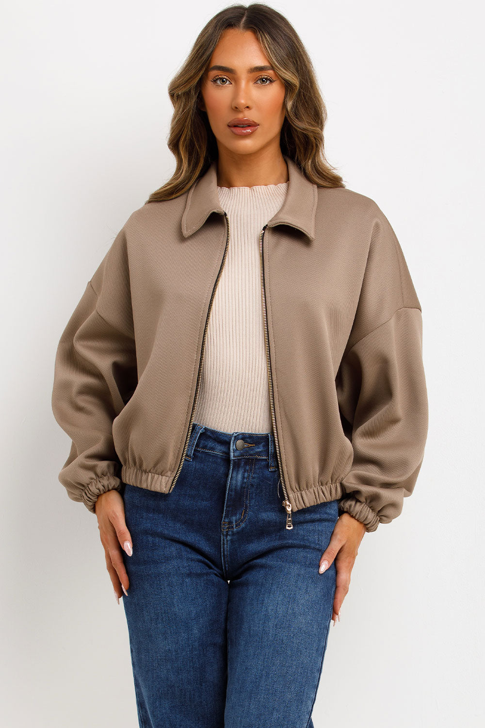 Puffed Bomber Jacket with Collar and Zip Taupe | Xtralitty