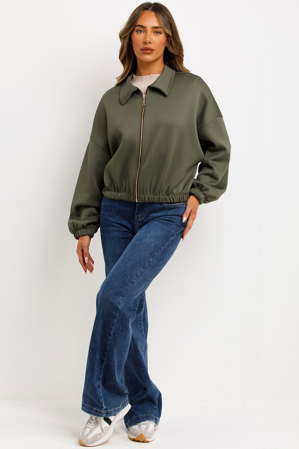 Puffed Bomber Jacket with Collar and Zip Khaki | Xtralitty