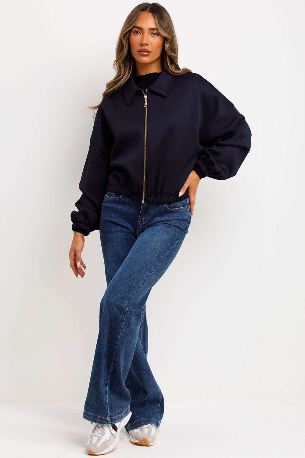 Puffed Bomber Jacket with Collar and Zip Navy | Xtralitty